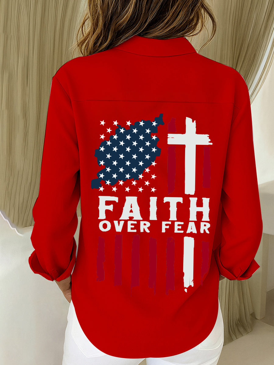 Women's Faith Over Fear Print Casual Cotton Linen Shirt