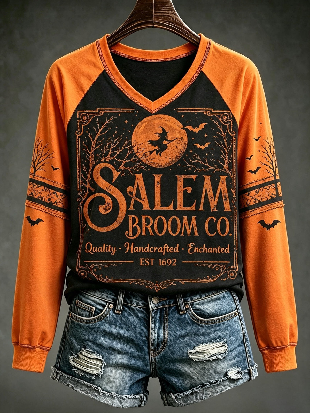 Women's Halloween Salem Broom Co. Quality Handcrafted. Enchanted Est 1692 Print T-Shirt