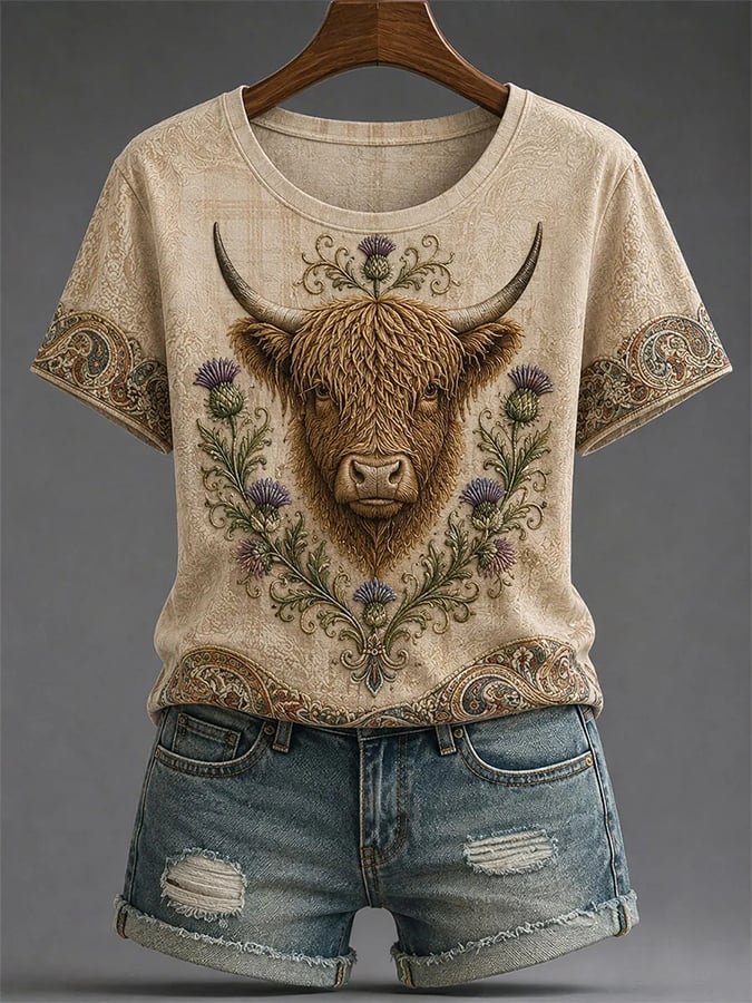 Scottish Highland Cow Vintage Print Short-Sleeved T-Shirt