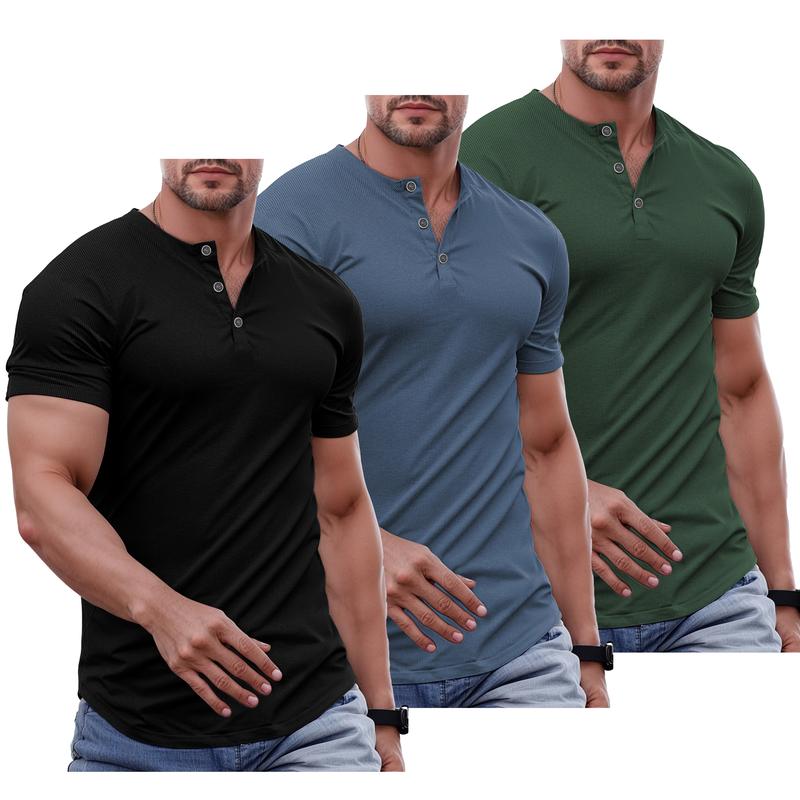 Men's Plain Muscle Slim Fitted Henley Shirts Crewneck T-Shirt