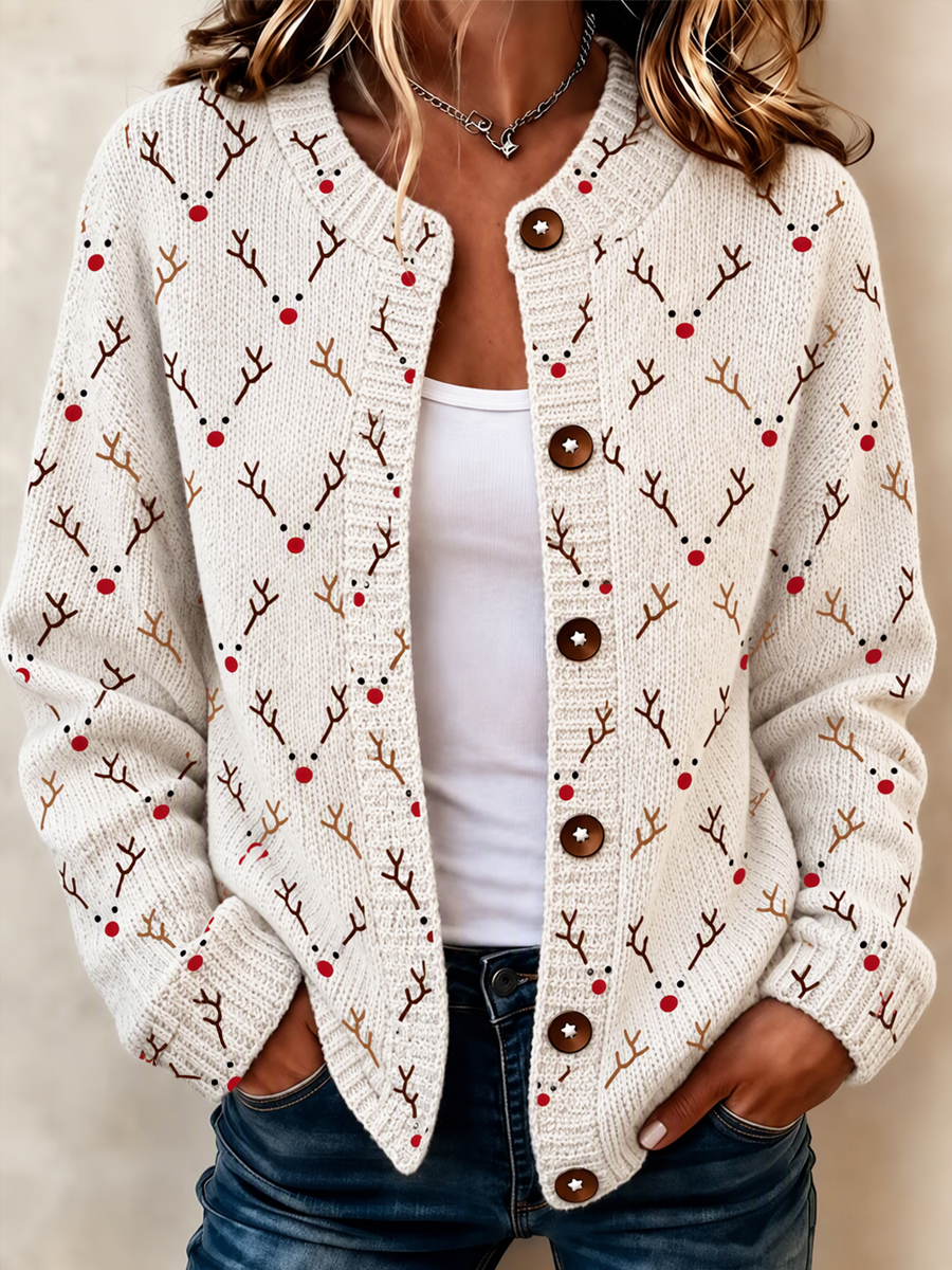 Women's Casual Christmas-Print Knit Cardigan