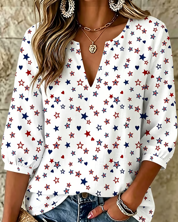 Contrasting Color Stars and Hearts Print V‑Neck 3/4 Sleeve Blouse