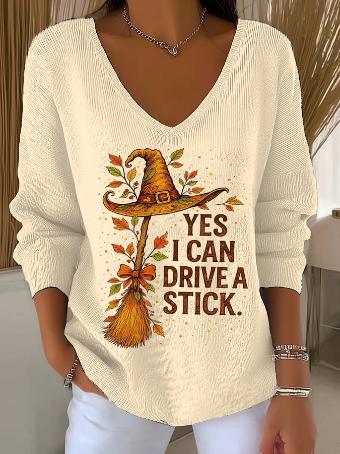 🔥HOT SALE🔥Women's Yes I Can Drive A Stick Print V Neck Sweater