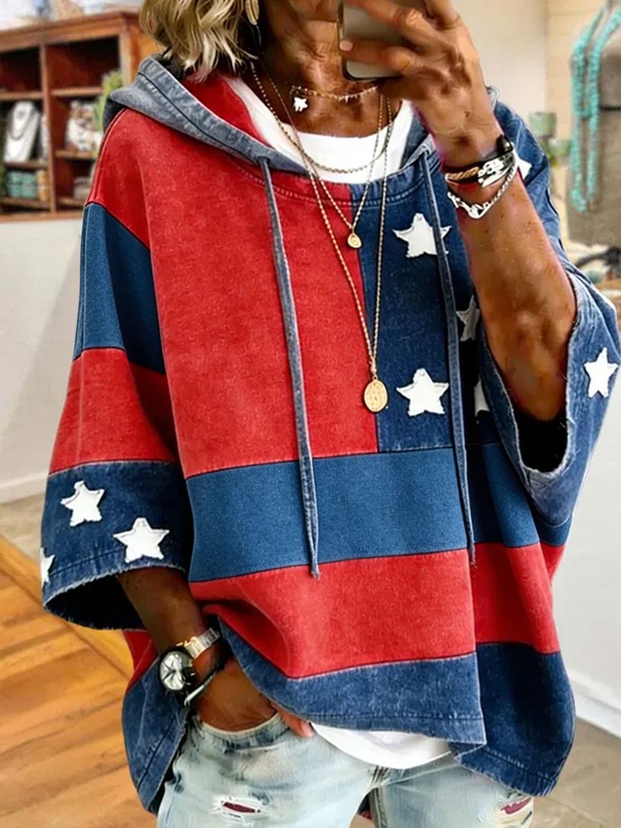 American Flag Star Striped Denim Patchwork Hooded Poncho Sweatshirt