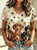Women's Short-Sleeve T-Shirt with Cute Dachshund and Paw Print Pattern