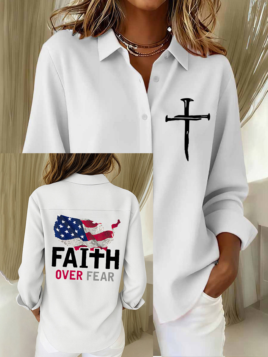 Women's Faith Over Fear Print Casual Cotton Linen Shirt