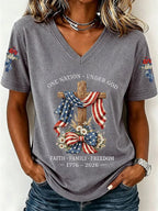 Women'S America Flag Floral Print Casual V-Neck T-Shirt