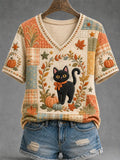 Women's Fall Season Cute Black Cat Print Casual V-Neck Tee