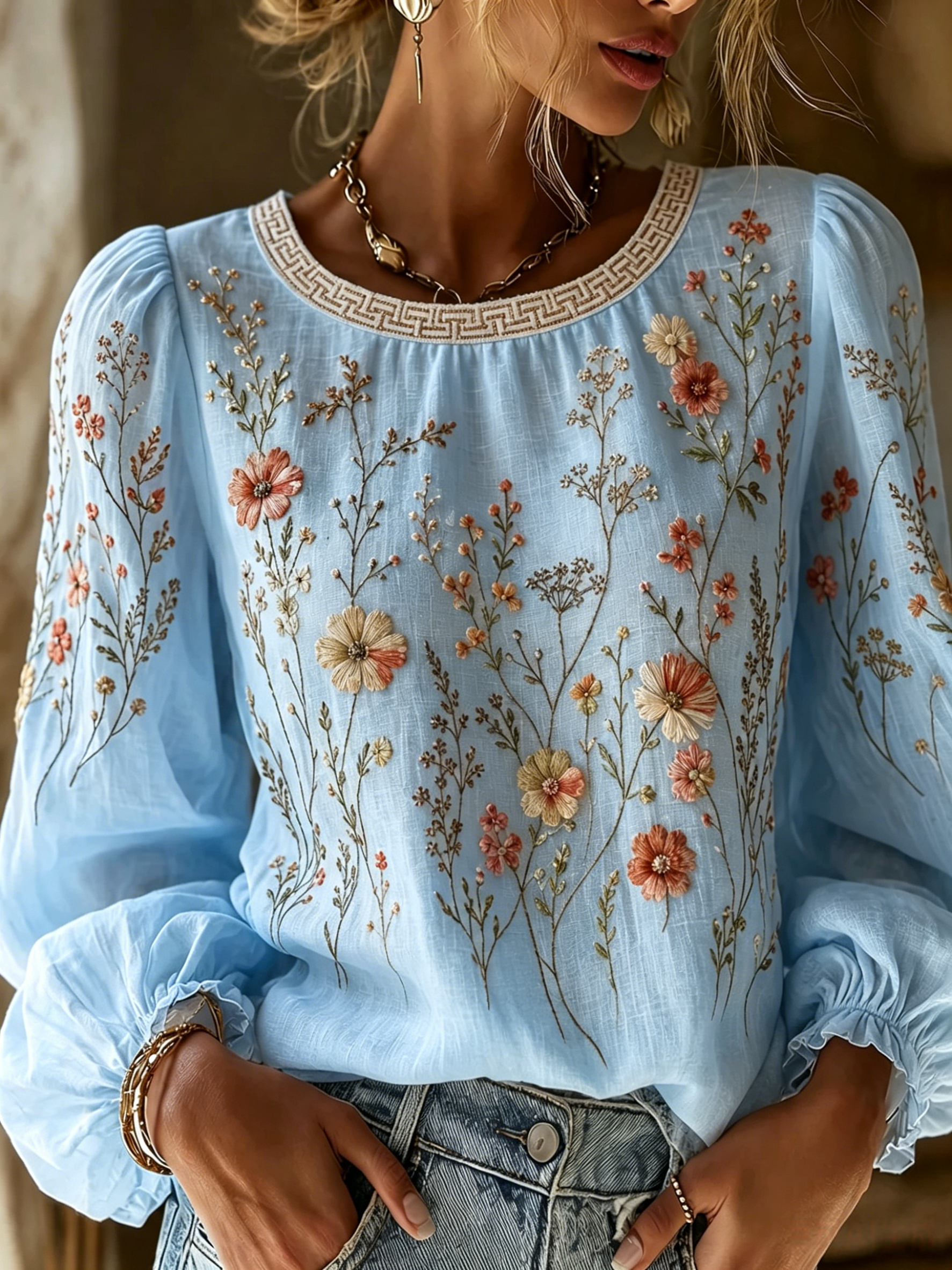 Women'S Floral Printed Casual Cotton And Linen Top