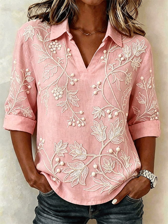 Women's Shawl Collar Half Sleeve Floral Lightweight Loose Shirt