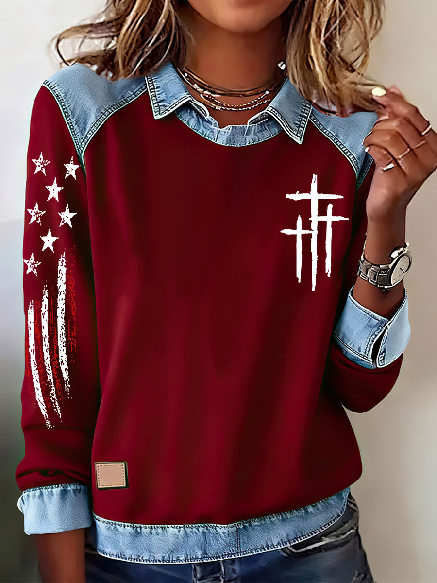 Women's Faith US Flag Print Lapel Long Sleeve Top
