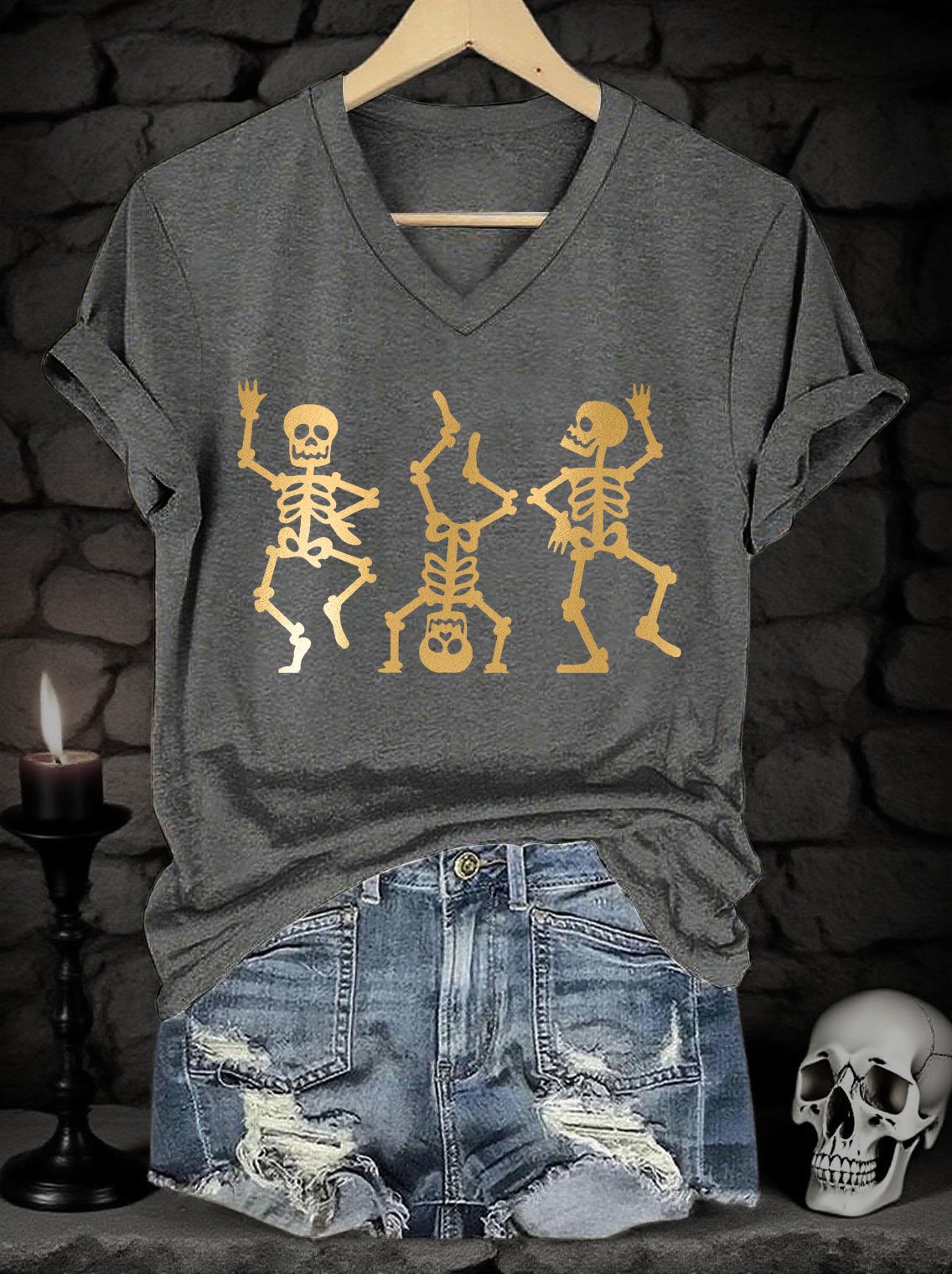 Women's Halloween Skull Gold Metal Print V-Neck Short Sleeve T-Shirt