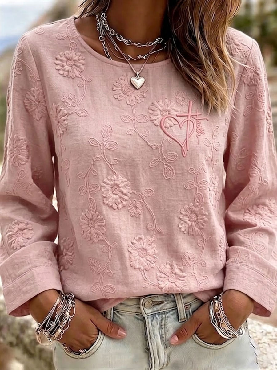 Women'S Casual Floral  Faith Print Cotton Linen Top