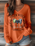 🔥HOT SALE🔥Women's Halloween Salem Witch Cocktail Club Spellbinding Cocktails Print V-Neck Long Sleeve T-Shirt