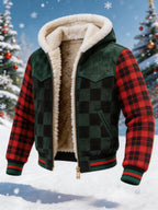 Men’s Christmas-Themed Color-Block Plaid Hooded Jacket with Fleece Lining