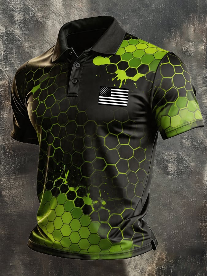 Men's Retro Patriotic Color-Block Short-Sleeve Polo Shirt