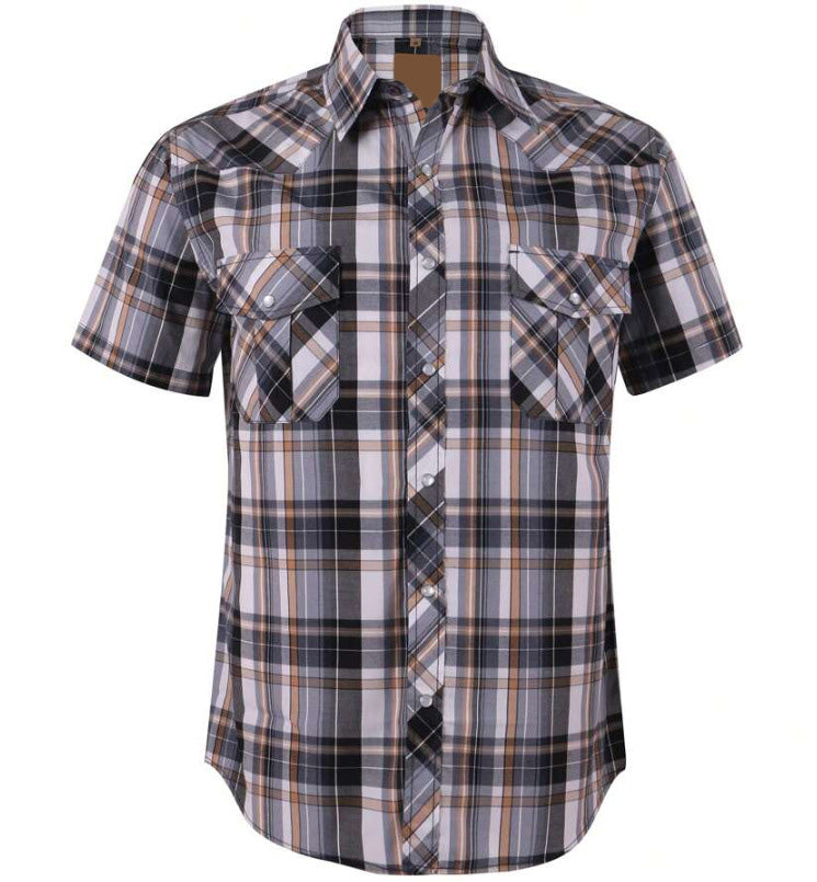 Men's Western Cowboy Short Sleeve Pearl Snap Casual Plaid Work Shirt
