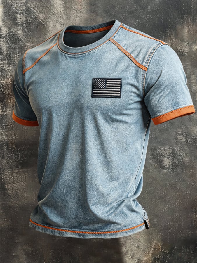 Men's Retro Color Stitching Pure Cotton Washed Faded Patriot T-Shirt