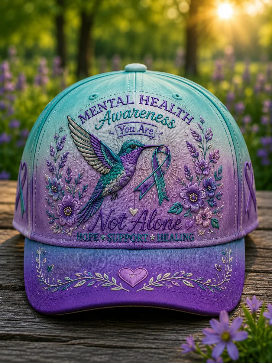 Mental Health Hummingbird Floral Printed Casual Hat