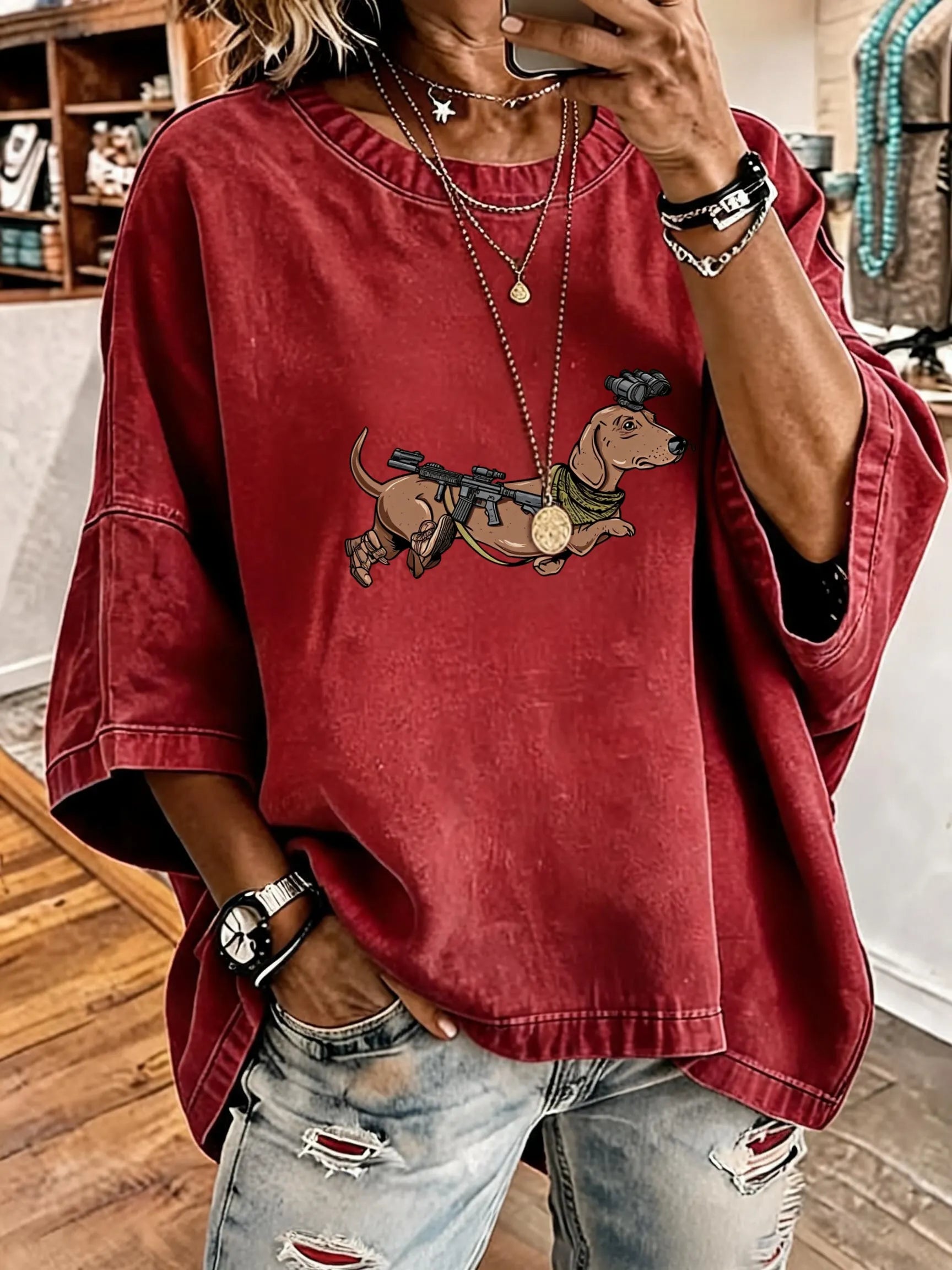 Women'S Vintage Distressed Washed Tactical Wiener Oversized T-Shirt