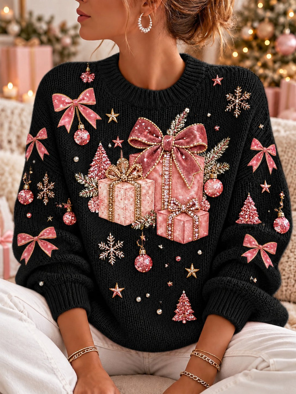 Damen-Sweatshirt mit Weihnachtsmuster, Rundhalsausschnitt und langen Ärmeln