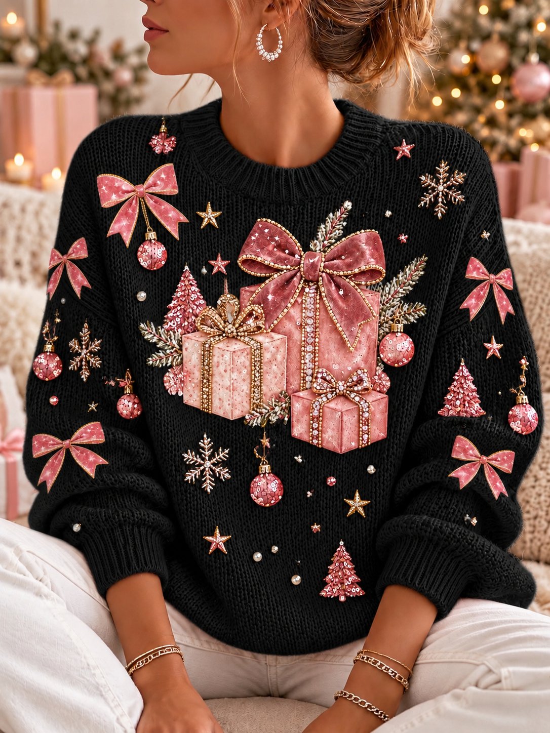 Damen-Sweatshirt mit Weihnachtsmuster, Rundhalsausschnitt und langen Ärmeln