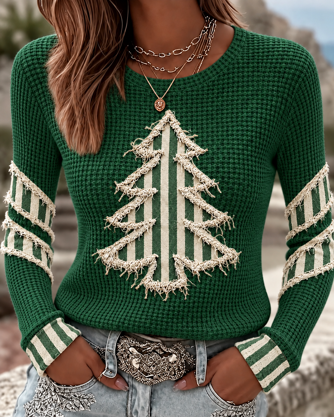 Women'S Striped Christmas Tree Printed Casual Top
