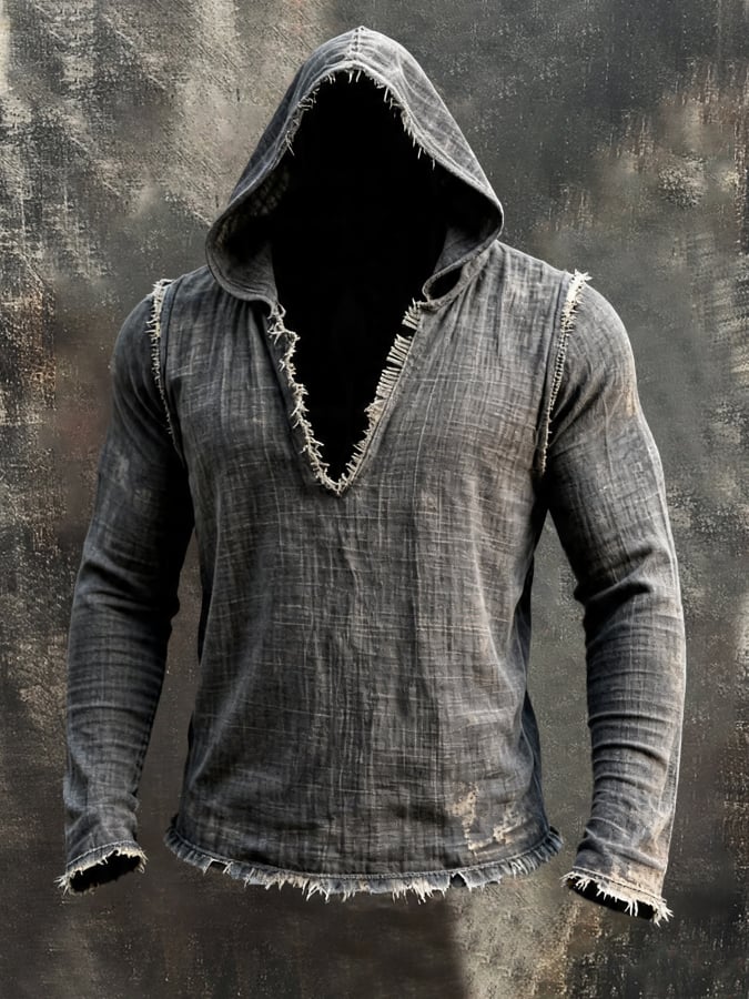 Men'S Vintage Cotton-Linen Long-Sleeve Hoodie With Frayed Edges
