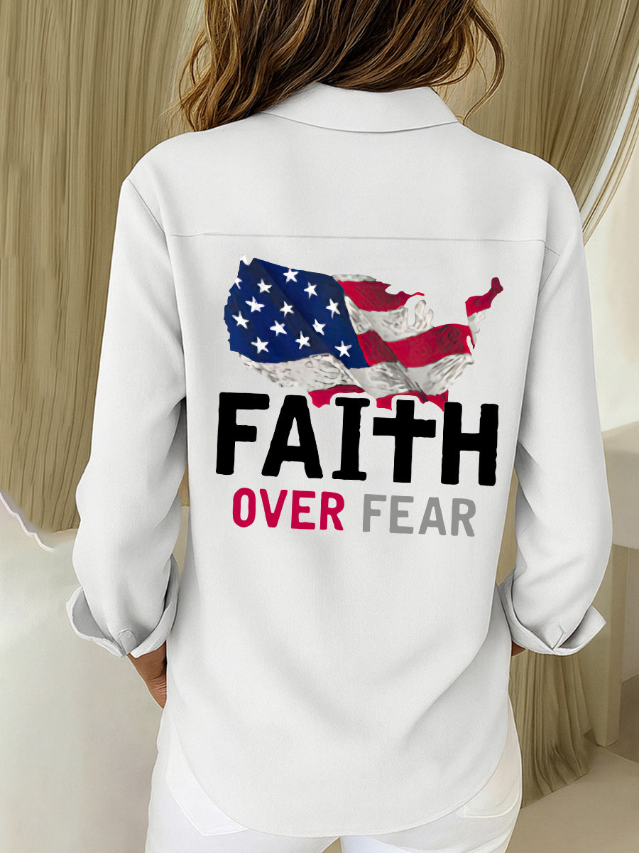 Women's Faith Over Fear Print Casual Cotton Linen Shirt