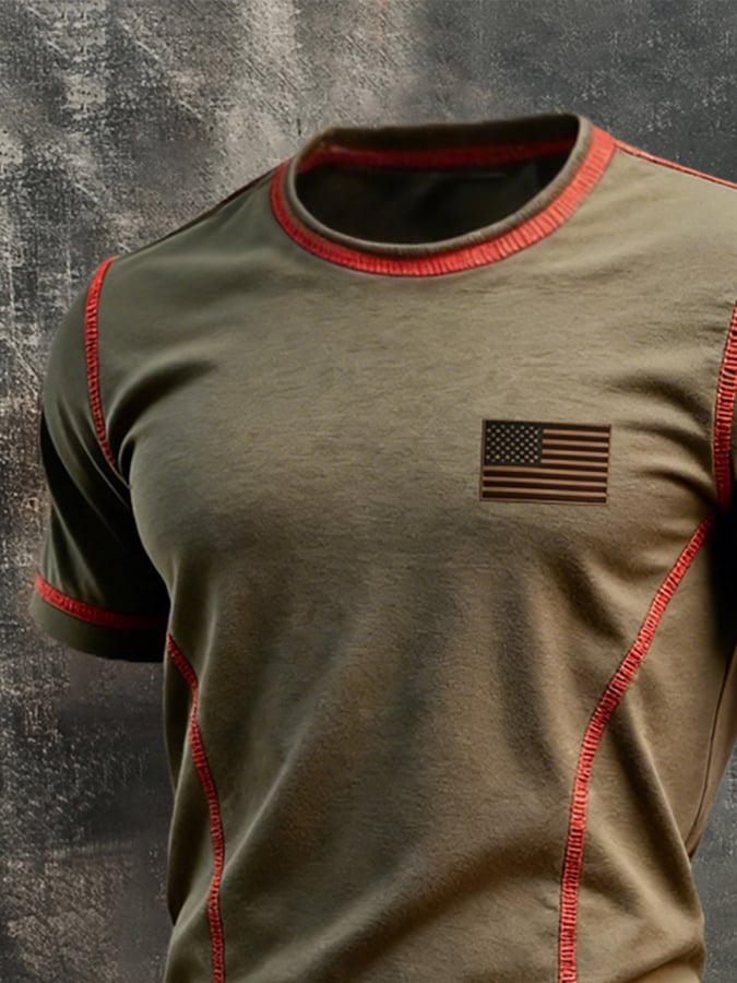 Men'S Retro Color-Block Short-Sleeve T-Shirt With Line Splicing