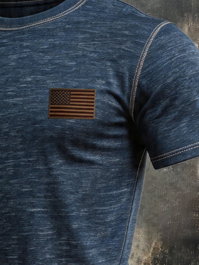 Men's Vintage 100% Cotton T-Shirt with Leather Paneling
