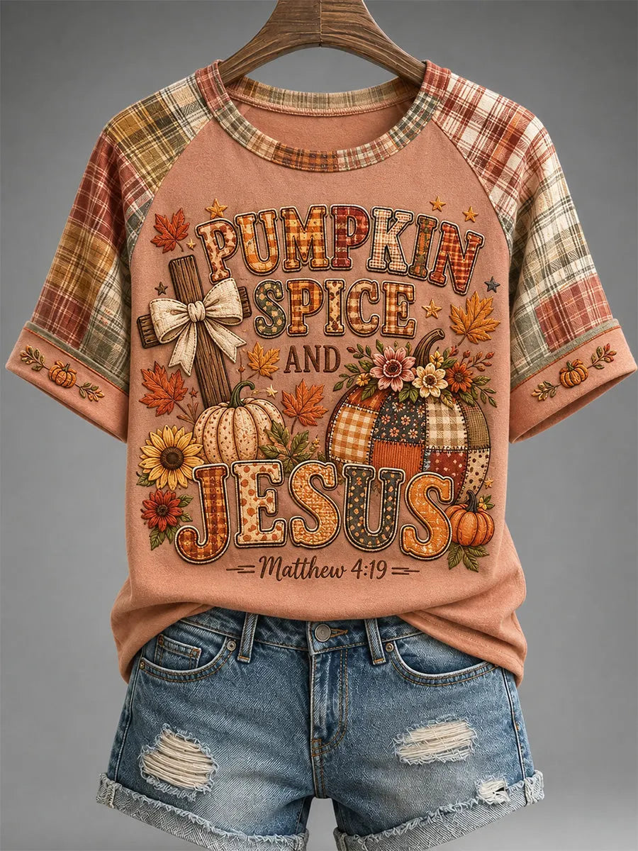 Women's Pumpkin Spice And Jesus Christ Print Casual Tee