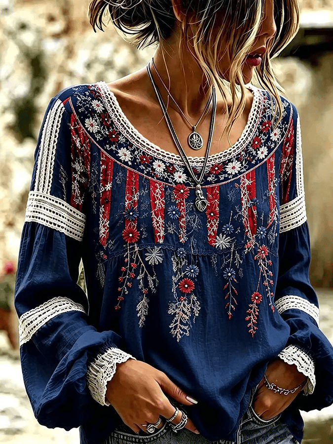 Women's Retro Breast Cancer Floral Print Long-Sleeved Top