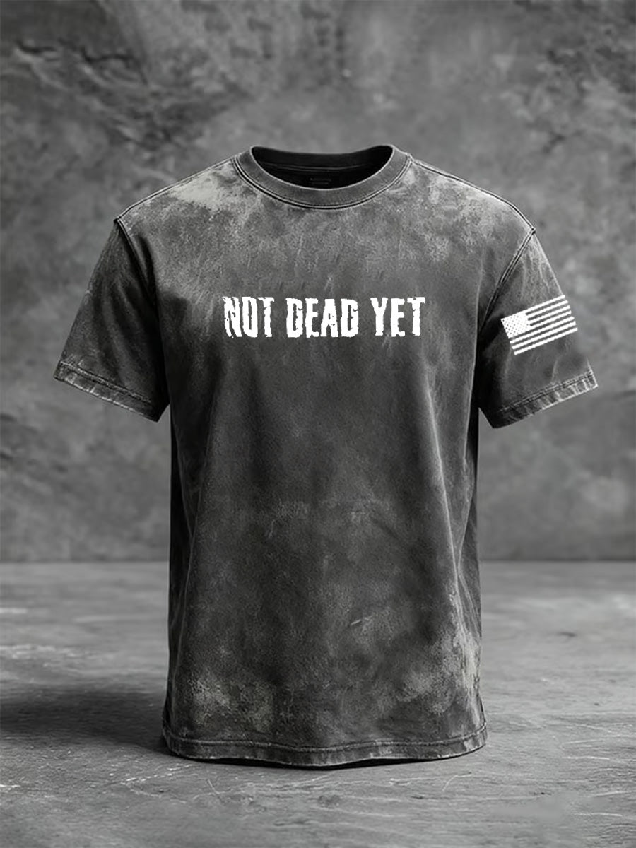 Not Dead Yet Pattern Washed Distressed Crew Neck 100% Cototon T-Shirt