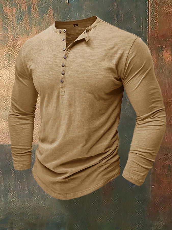 Men's Henley Collar Bamboo Cotton Long-Sleeved Top