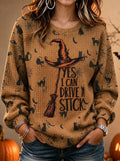 Women's Halloween Witch Broomstick Printed Waffle Knit Sweatshirt