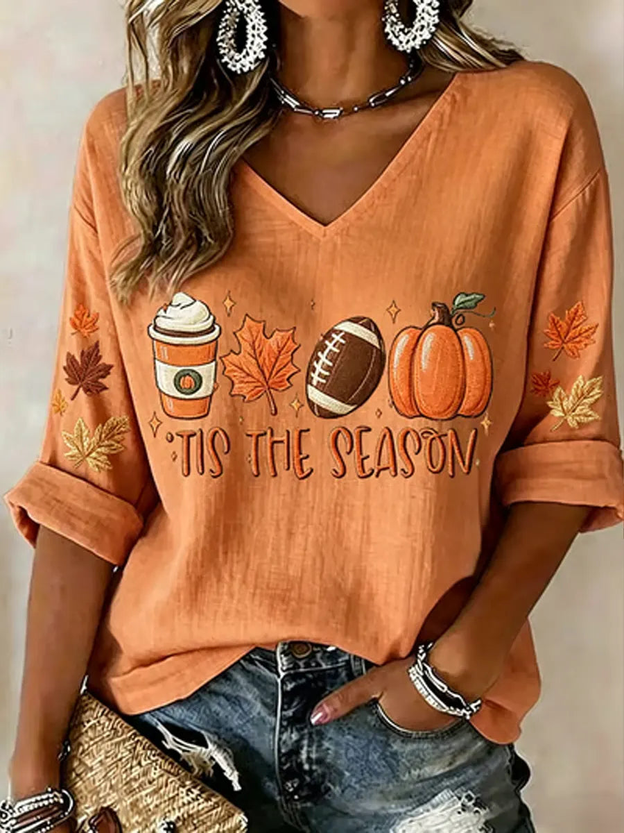 Women's Fall Printed linen short-sleeved T-shirt
