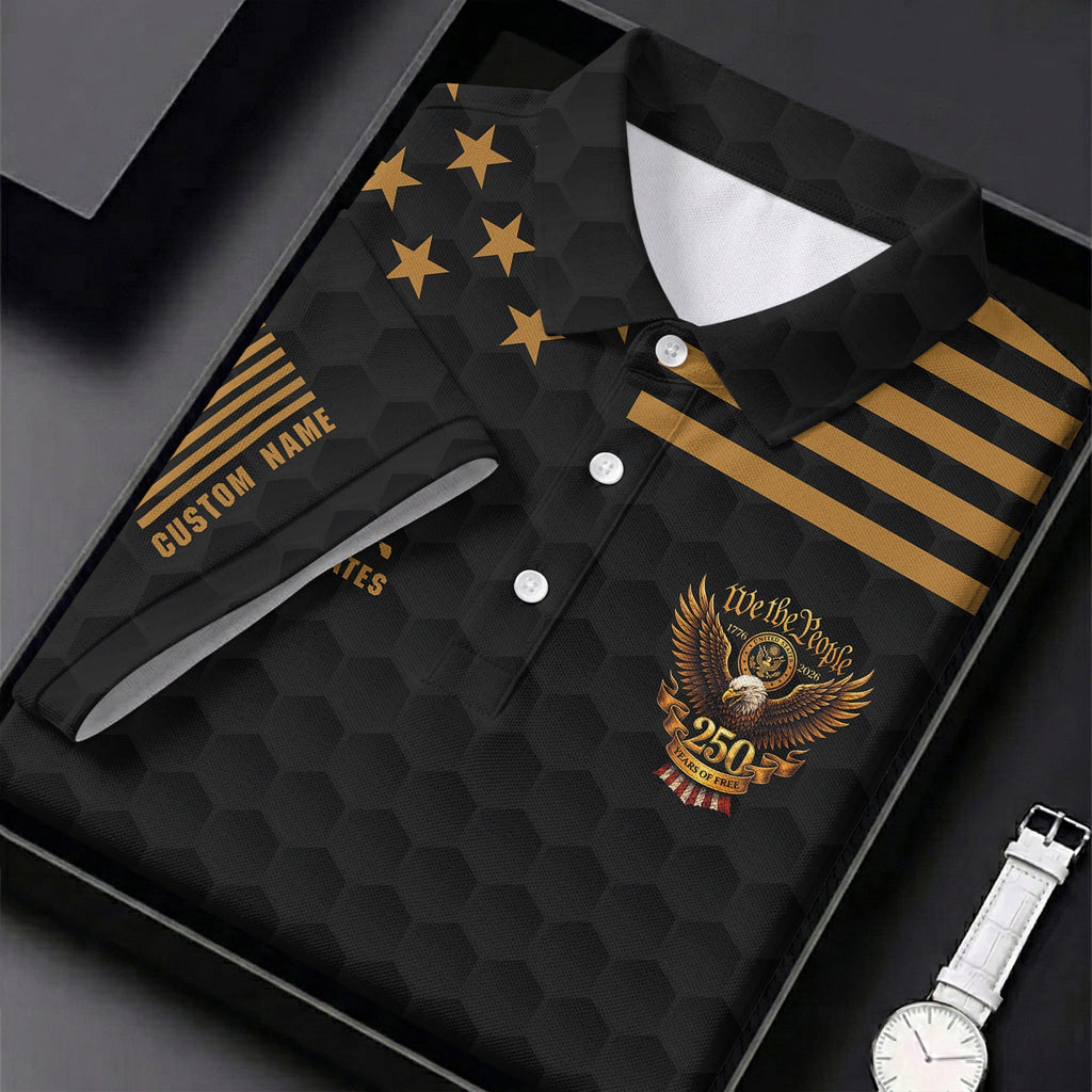 We The People 250 Years Golf Ball Pattern Black Golf Shirt, 4th Of July Patriotic Golf Shirts For Men