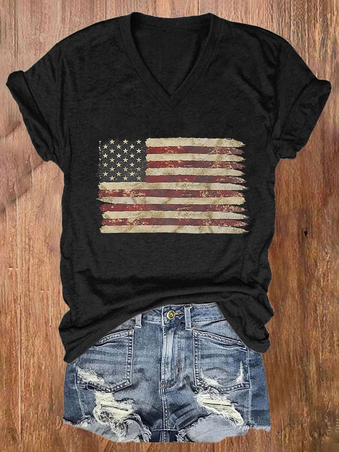 Women's Vintage Flag Print Casual V Neck T-shirt