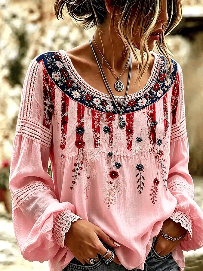 Women's Retro Breast Cancer Floral Print Long-Sleeved Top