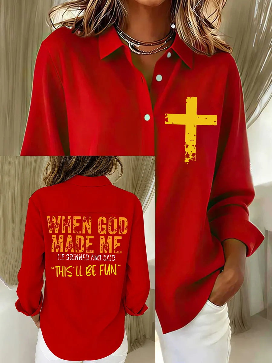Women's When God Made Me This`s All Be Fun Print Casual Cotton Linen Shirt