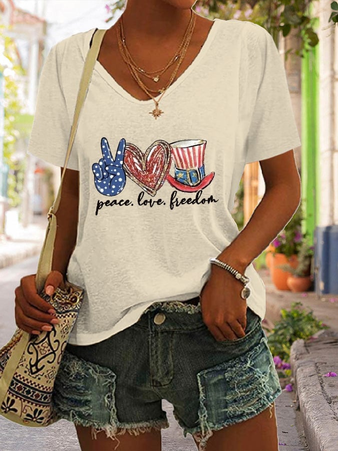 Women's American Independence Day Equality Peace Friendship Print Short Sleeve T-shirt