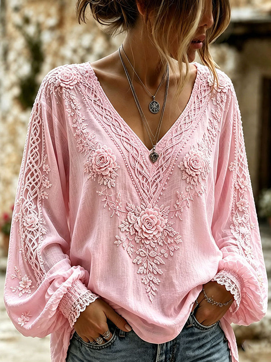 Women's Retro Celtic Knot With Floral Art Linen Blend Long Sleeves Shirt