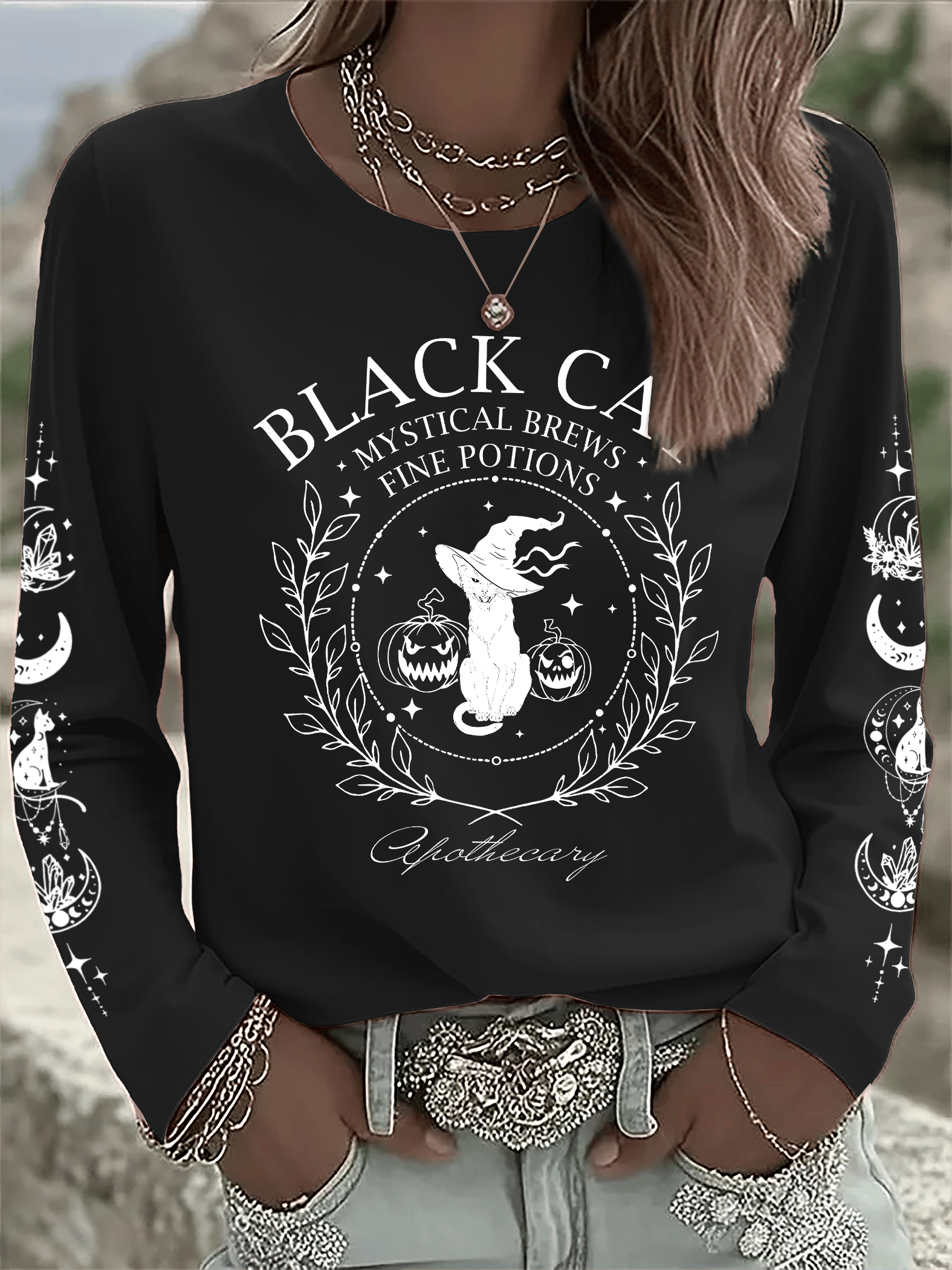 🔥HOT SALE🔥Women's Black Cat Mystical Brews Fine Potions Apothecary Print Long Sleeve T-Shirt