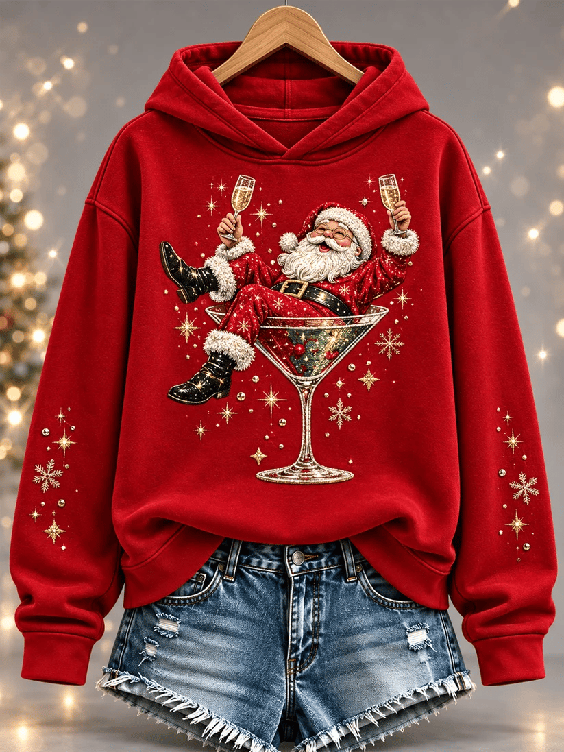 Women's Christmas Santa Claus Wine Glass Print Casual Hoodie