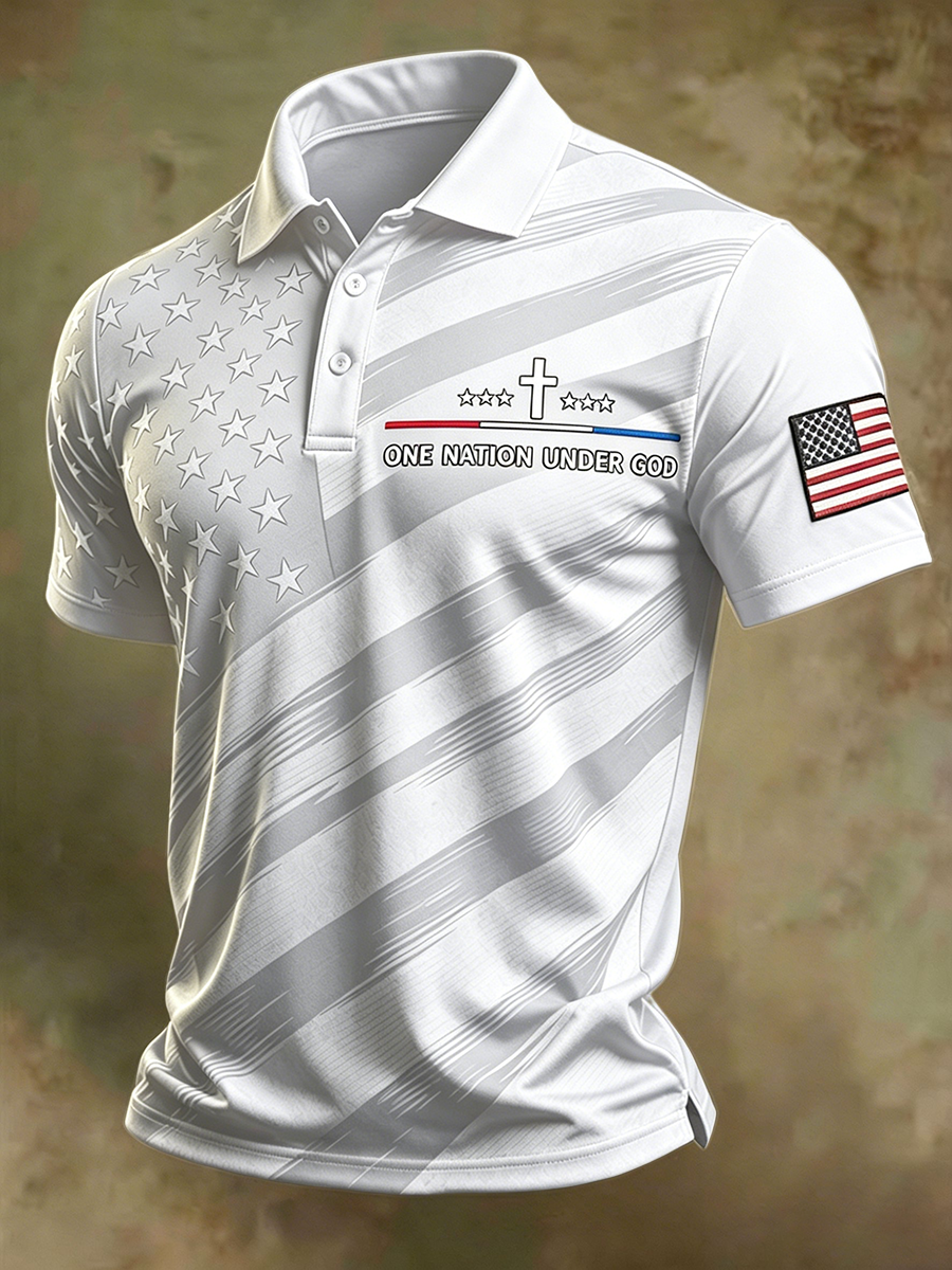 Men's One Nation Under God Cross Star Vintage American Flag Star Stripe Polo Shirt