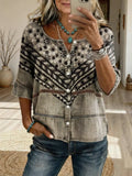 Women's Retro-Textured Ethnic Floral Art Print Casual Cutout Top