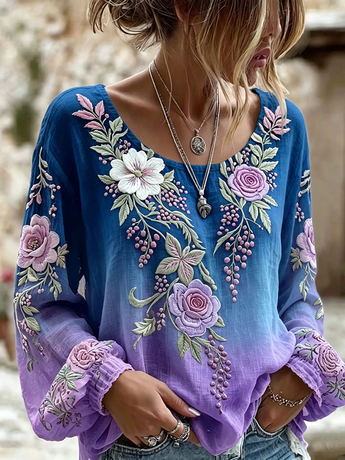 Women's floral fresh round neck top