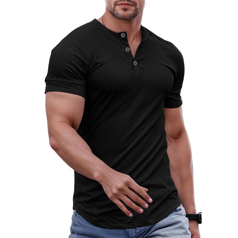 Men's Plain Muscle Slim Fitted Henley Shirts Crewneck T-Shirt