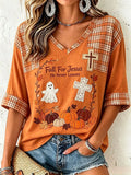 Women's Fall for Jesus He Never Leaves V-Neck Top
